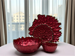 14-Piece Royal Crimson Gold Textured Fruit & Cake Serving Set | Luxury Decorative Glass Tableware