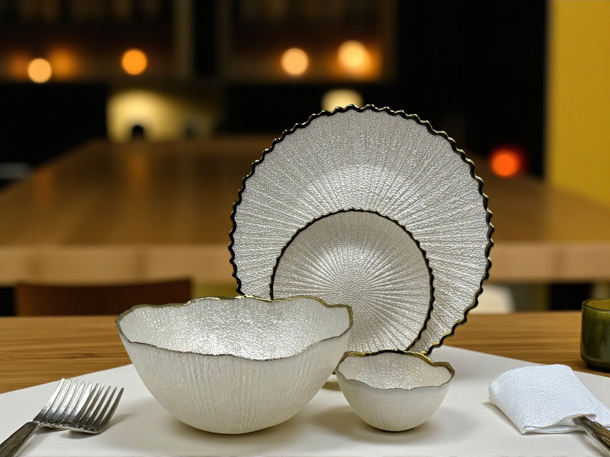 Opal Blossom 14-Piece Luxury Fruit & Cake Serving Set | White with Gold Edge Finish