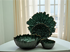 Emerald Bloom 14-Piece Luxury Fruit & Cake Serving Set | Deep Green with Gold Edge Finish