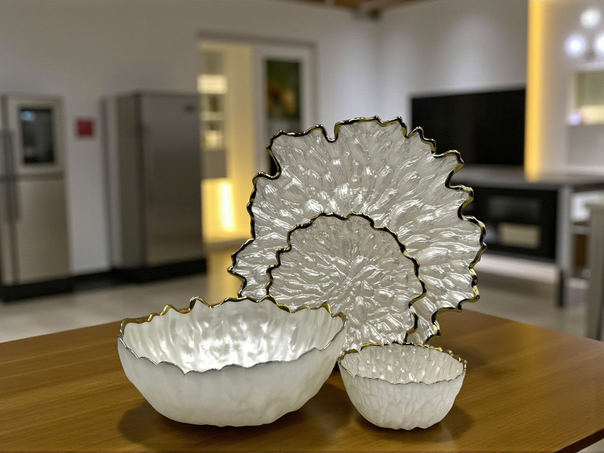 Opal Blossom 14-Piece Luxury Fruit & Cake Serving Set | White with Gold Edge Finish