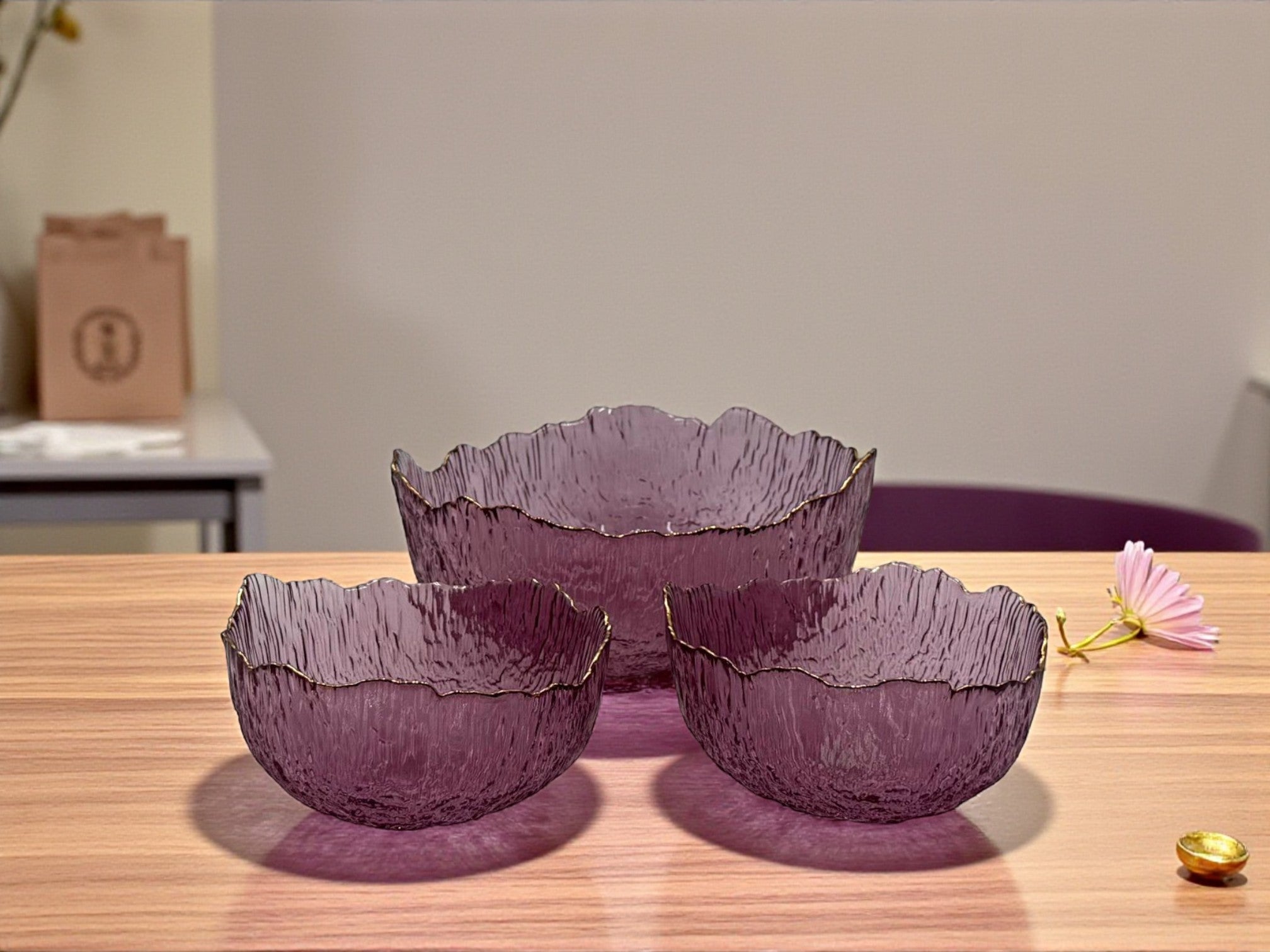 Luxe 7-Piece Purple Glass Bowl Set with Gold Accents – Perfect for Desserts & Fruits