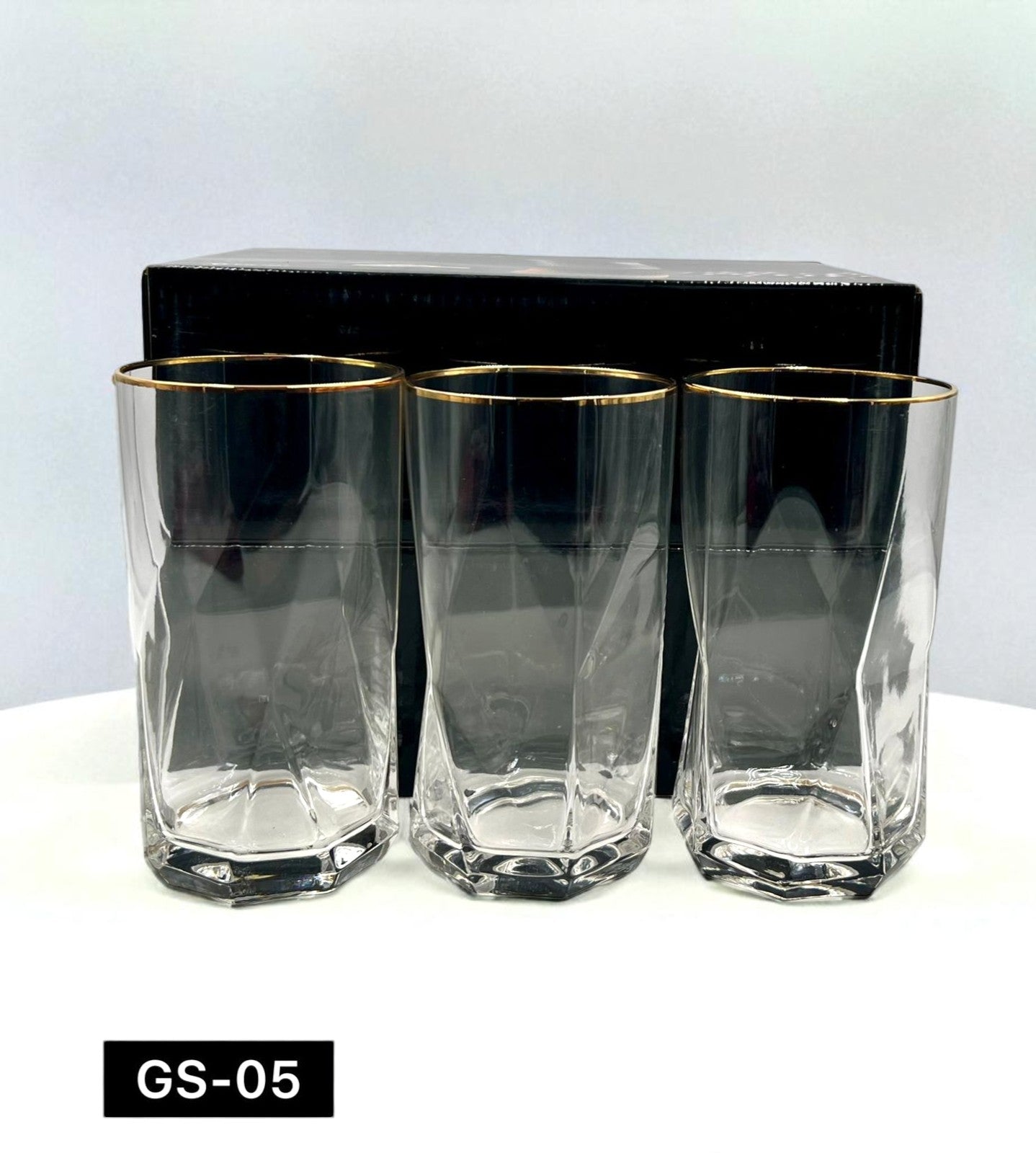 Diamond Decagon Highball 6 Piece Set: Gold-Rimmed Geometric Glassware