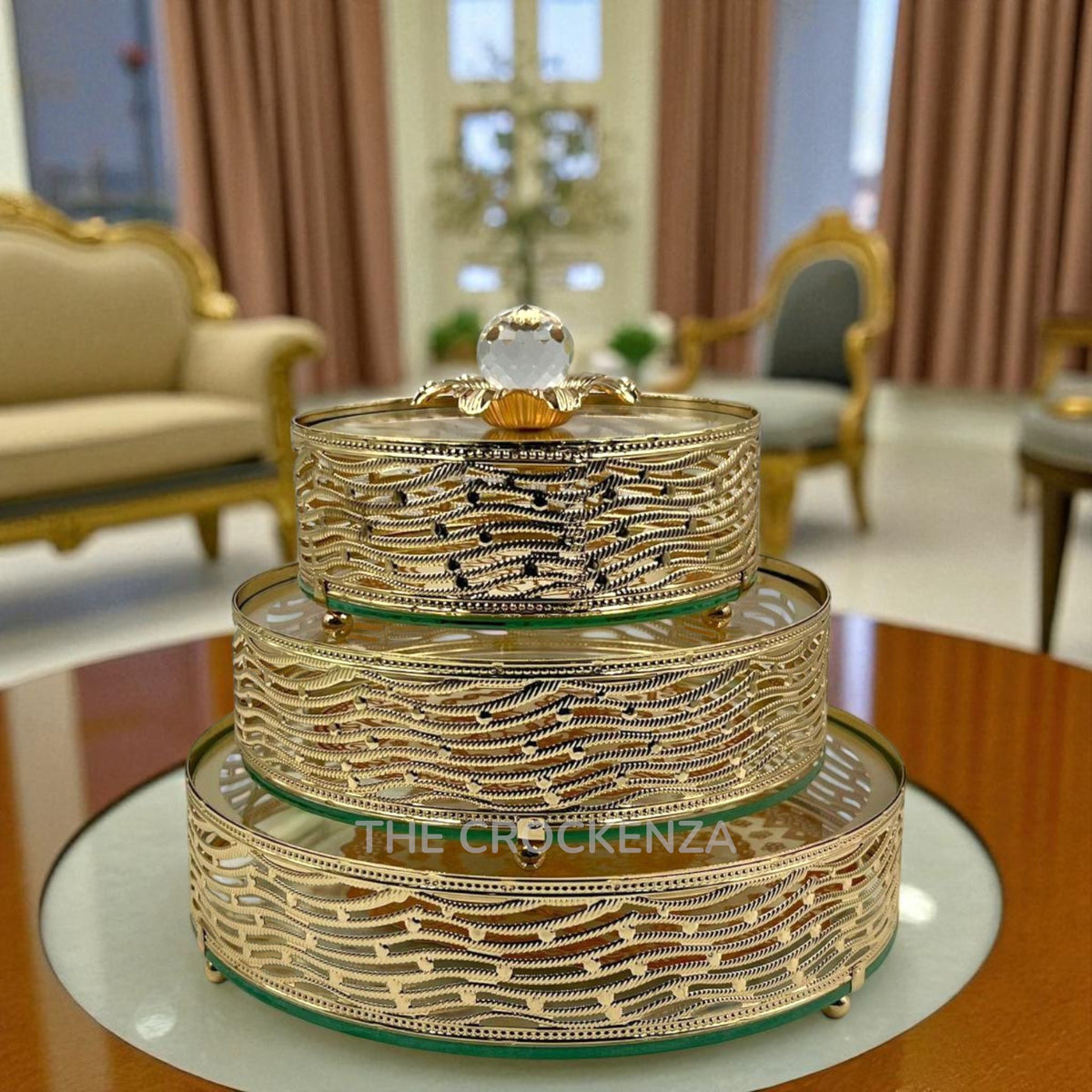 Elite Round Serving Masterpieces | Round Metallic Candy Dish Set with Crystal Knobs & Glass Base