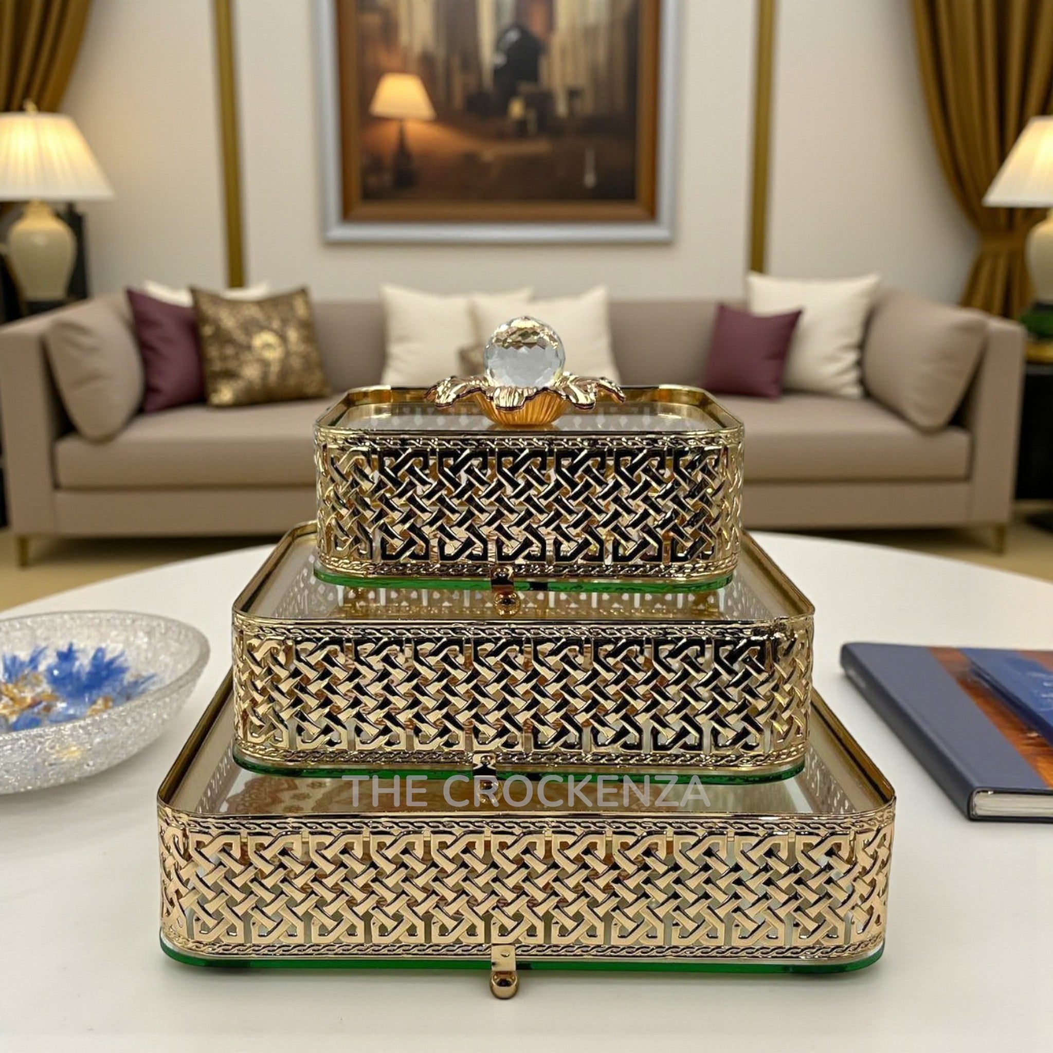 Imported Metallic Candy Dish Set – 3-Piece Decorative Tableware with glass base and Round Crystal Knobs