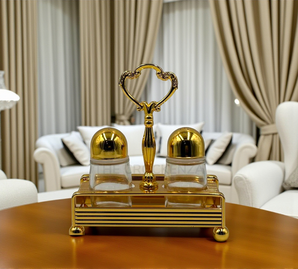 Regal Gold-Plated Glass Salt & Pepper Shaker Set with Ornate Handle