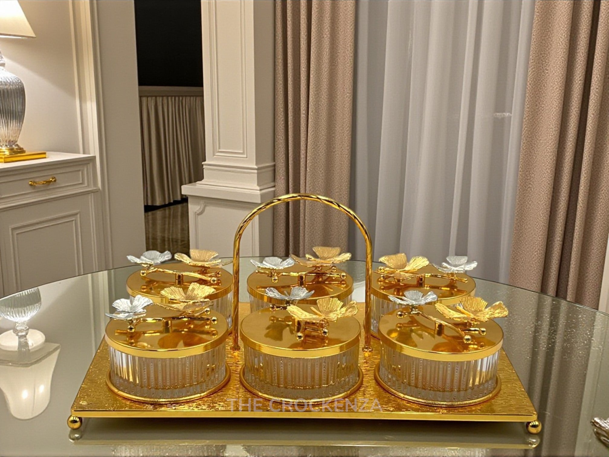 Luxury Gold 6-Compartment Dry Fruit & Candy Serving Set with Silver Detailing – Elegant Table Centerpiece