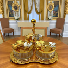 Luxury Gold 3-Compartment Dry Fruit & Candy Serving Set with Silver Detailing – Stylish Table Centerpiece