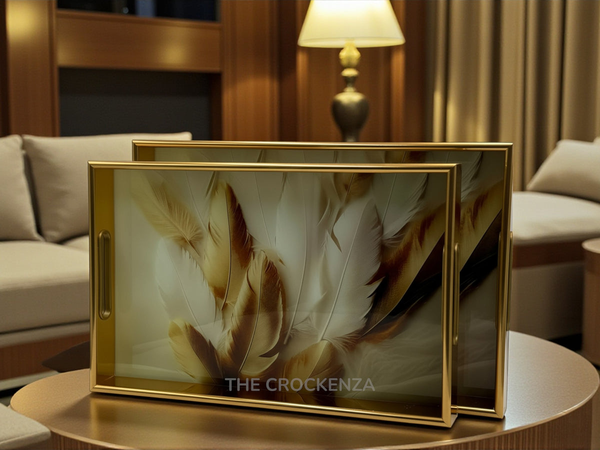 Elegant 2-Piece Acrylic Tray Set with Feather Design | Luxury Serving Trays for Home Decor and Entertaining