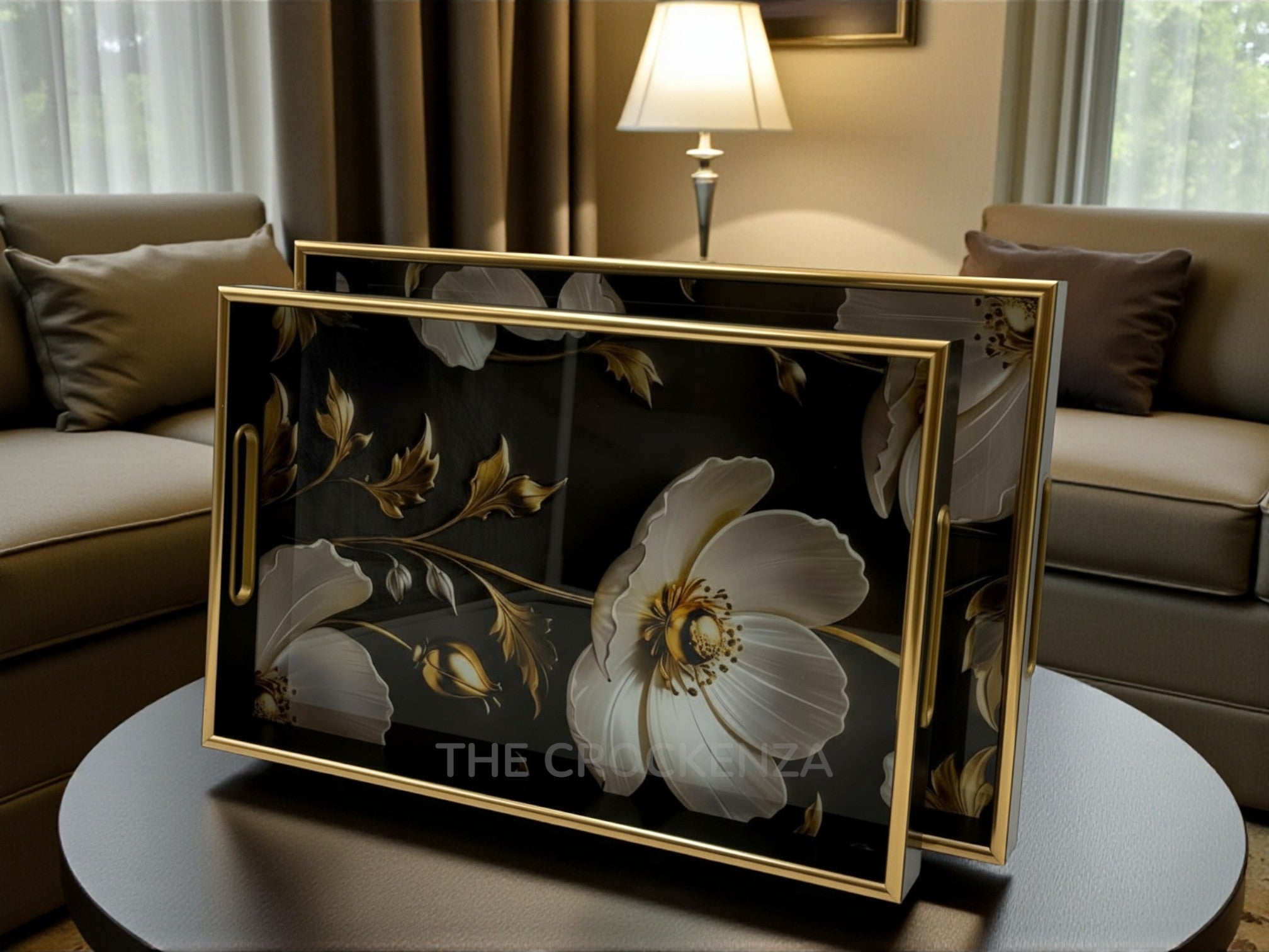 Golden Bloom 2-Piece Luxury Serving Tray Set with Acrylic Base & Gold Frame