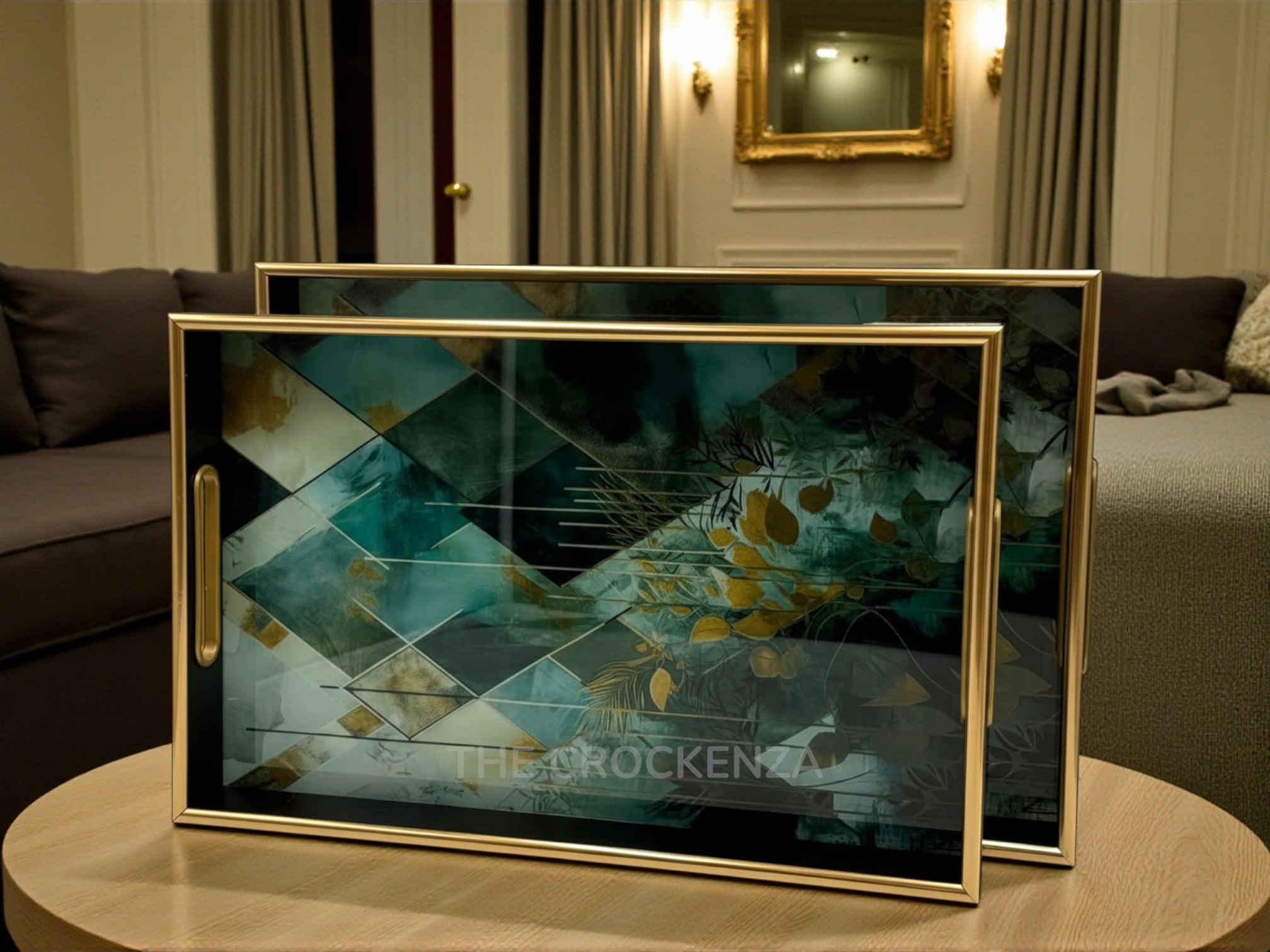 Modern Gold Frame Lucite Tray Set of 2 | Elegant Green Leaf Print Coffee Table Decor