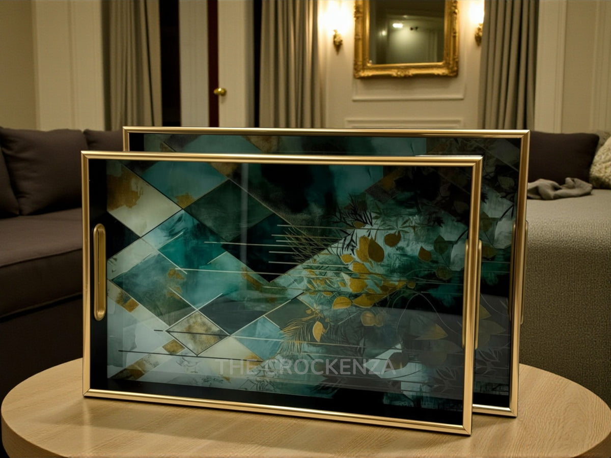 Modern Gold Frame Lucite Tray Set of 2 | Elegant Green Leaf Print Coffee Table Decor
