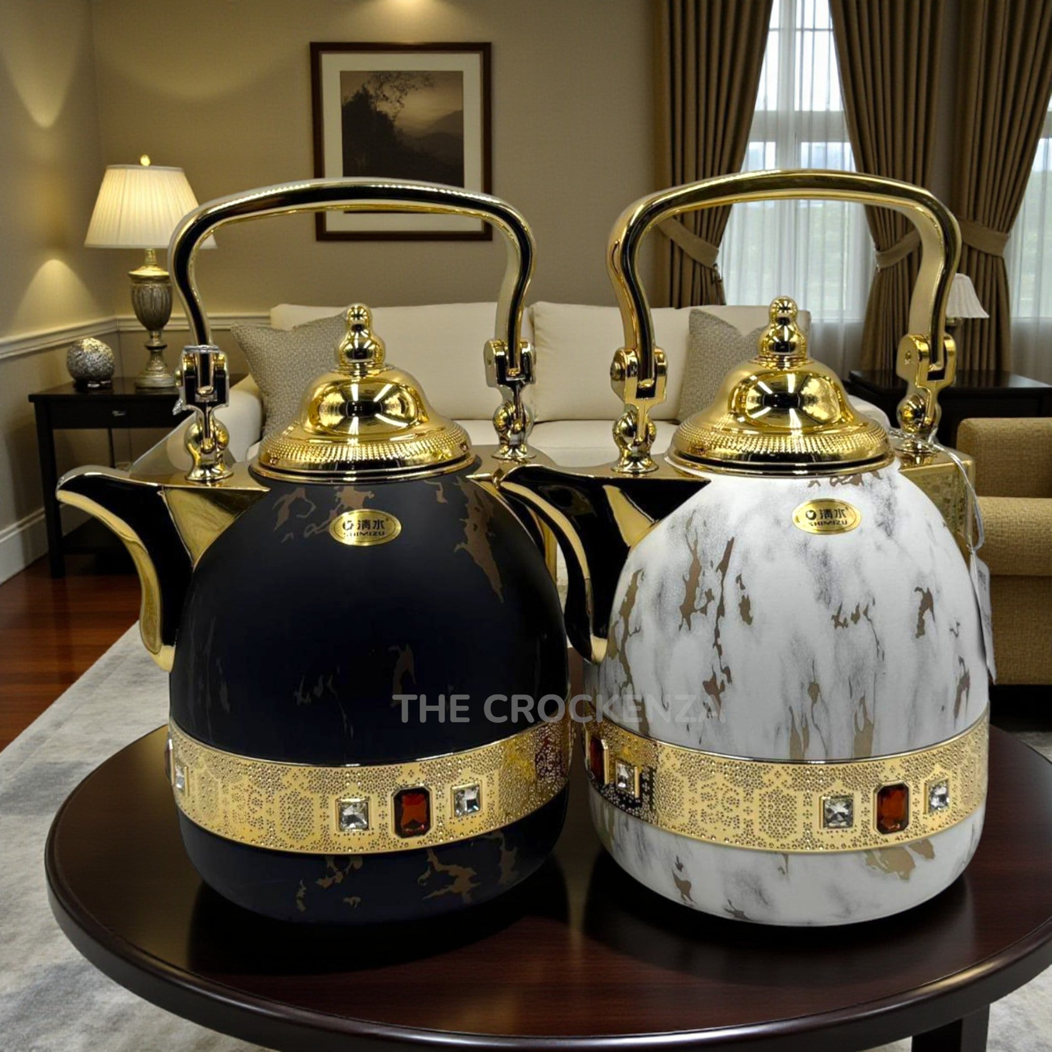 SHIMIZU Luxury Arabic Kettles – Black & White Marble with Gold Crystal Detailing
