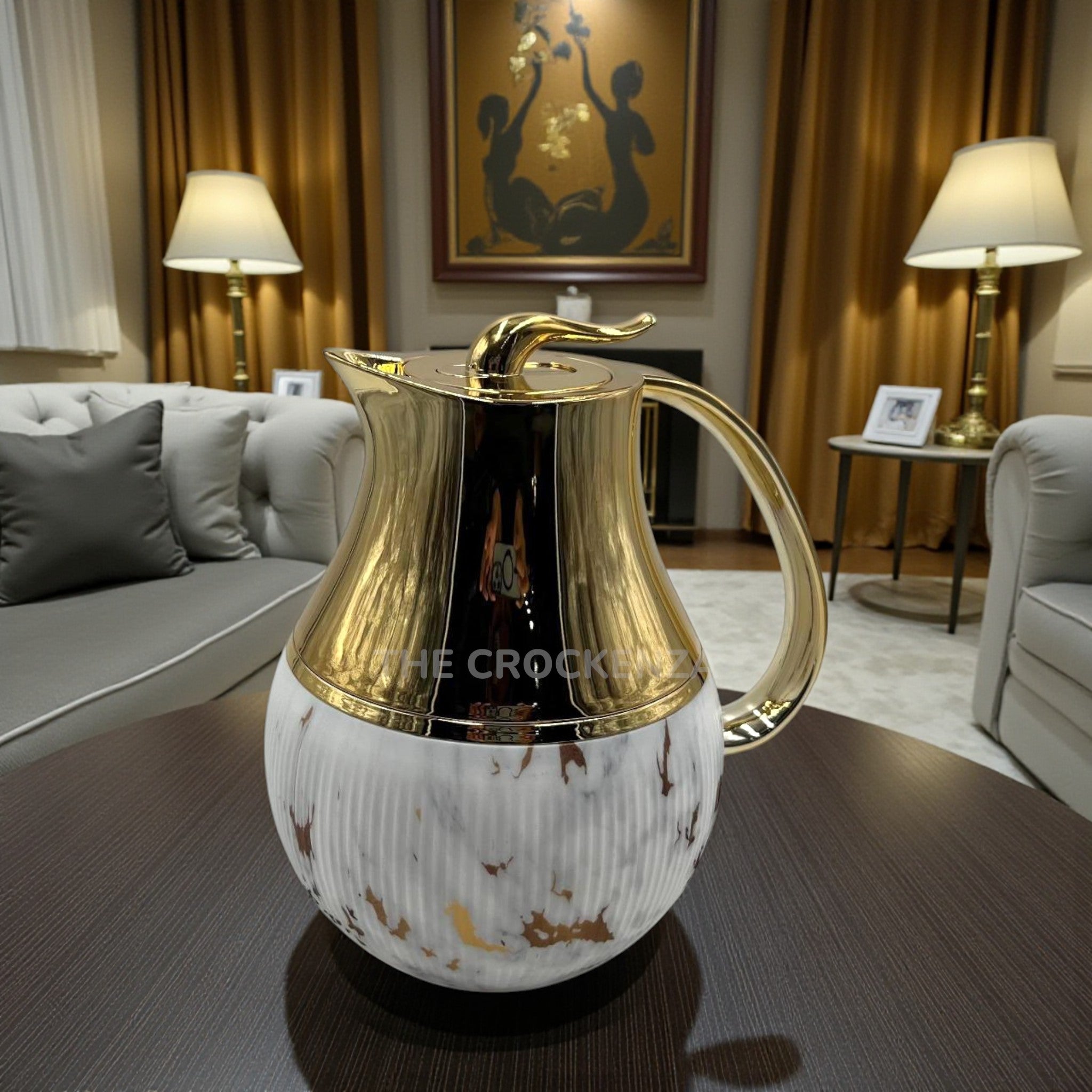 Luxury White Marble Insulated Vacuum Flask – Polished Gold Top & Ribbed Body