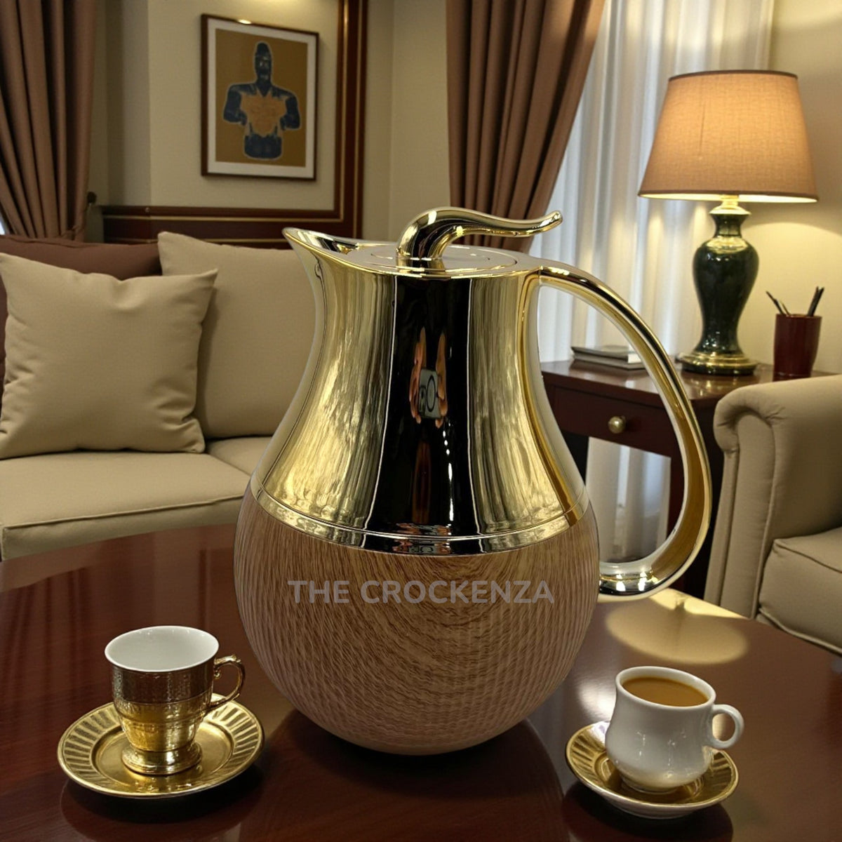 Luxury Light Wood Grain Insulated Vacuum Flask – Polished Gold Top & Ribbed Body