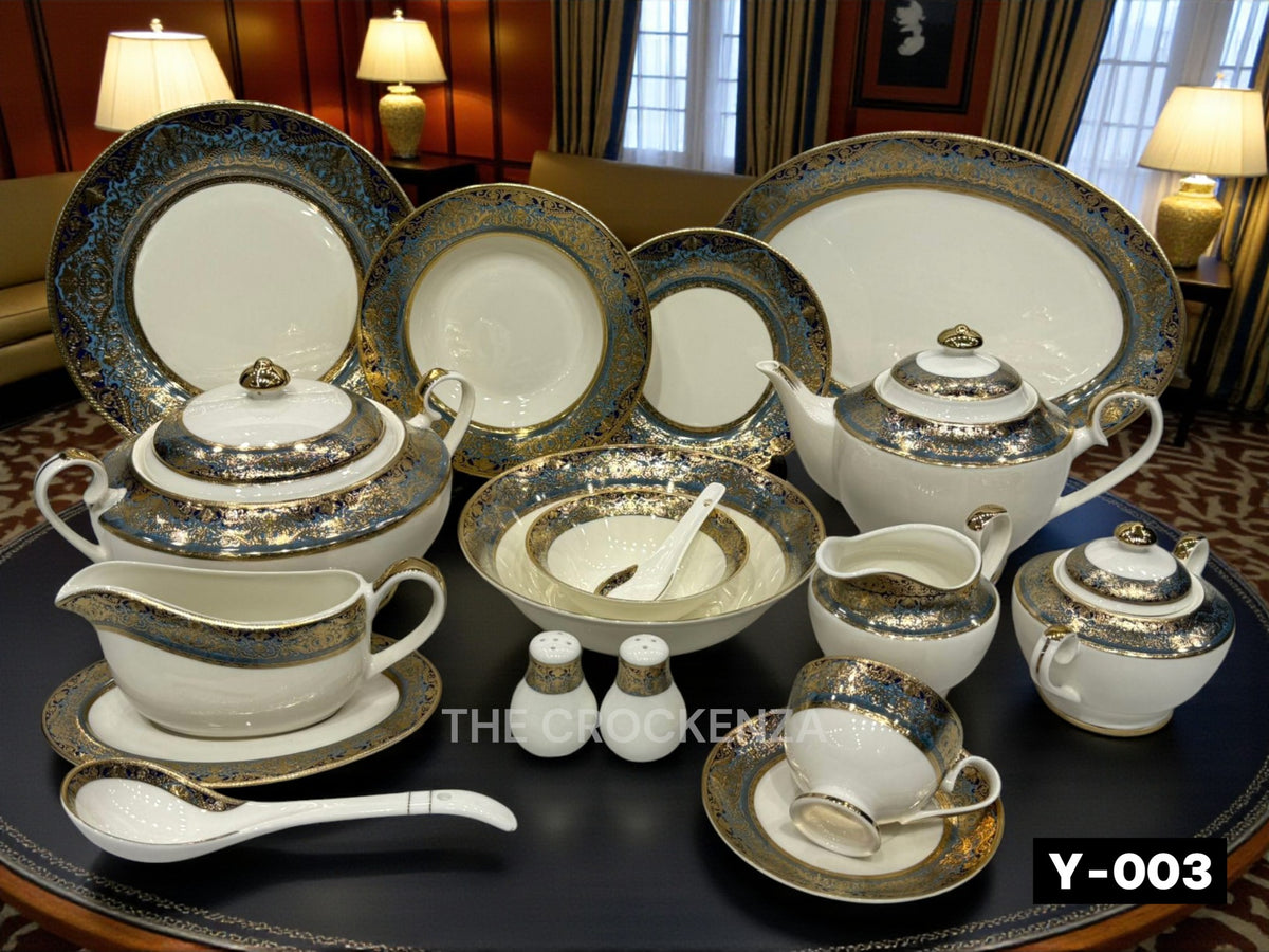 Imported Yamasen Japan–Inspired 75 & 103-Piece Royal Blue Gold Dining Sets – Ultra-Luxury Gold-Plated Dinnerware for 8 & 12 Guests