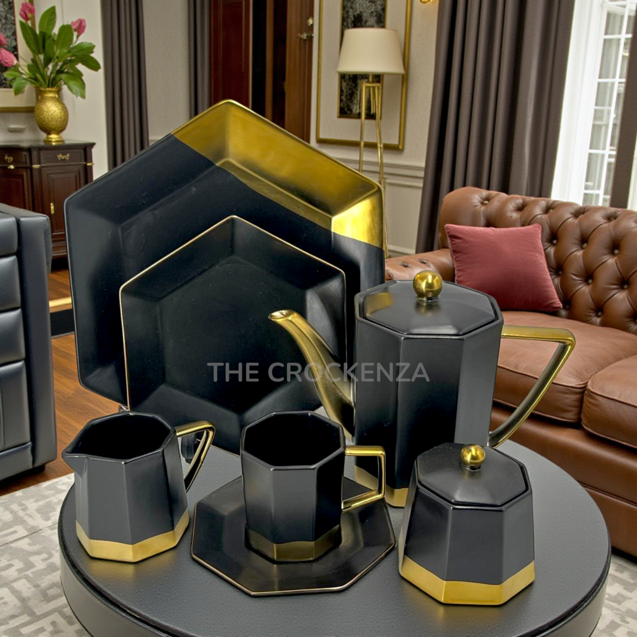 The Crockenza's Signature 24-Piece Black & Gold Stoneware Tea Set – Modern Luxury Collection