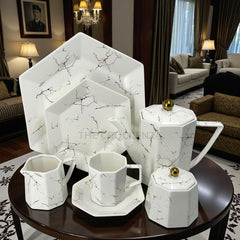 Elite White & Gold Marble 24-Piece Stoneware Tea Set – Contemporary Luxury Edition