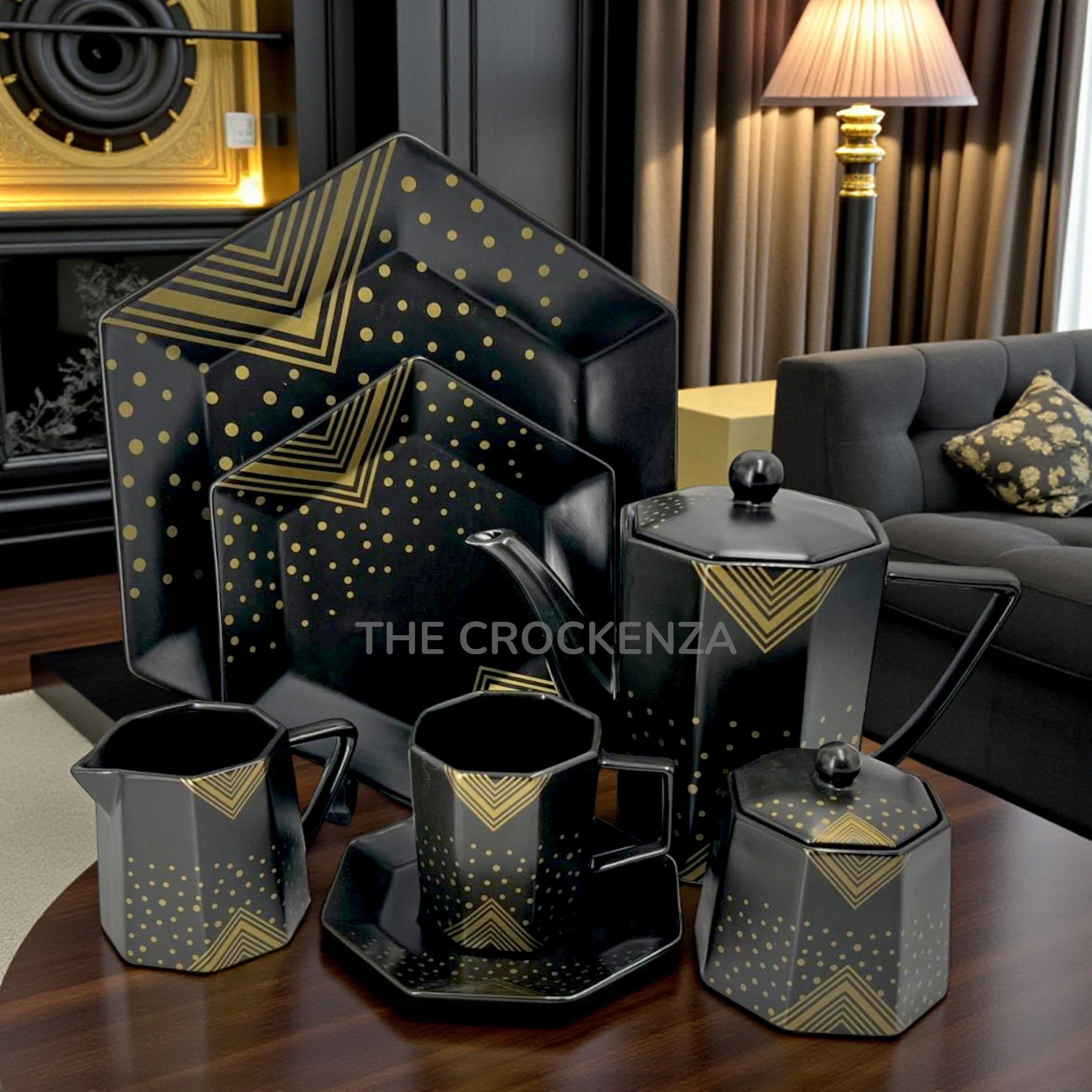 Royal Art-Deco 24-Piece Black Stoneware Tea Set with Gold Pattern – Modern Luxury Collection