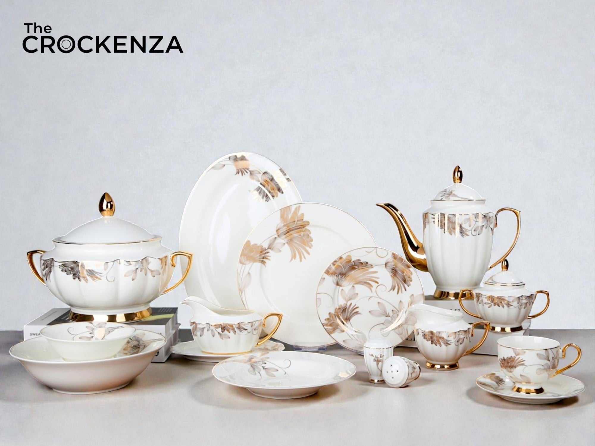 Imported Johnson Bros Inspired Luxury Gold-Leaf Complete Dining Set — 65 & 89 Pcs Serving