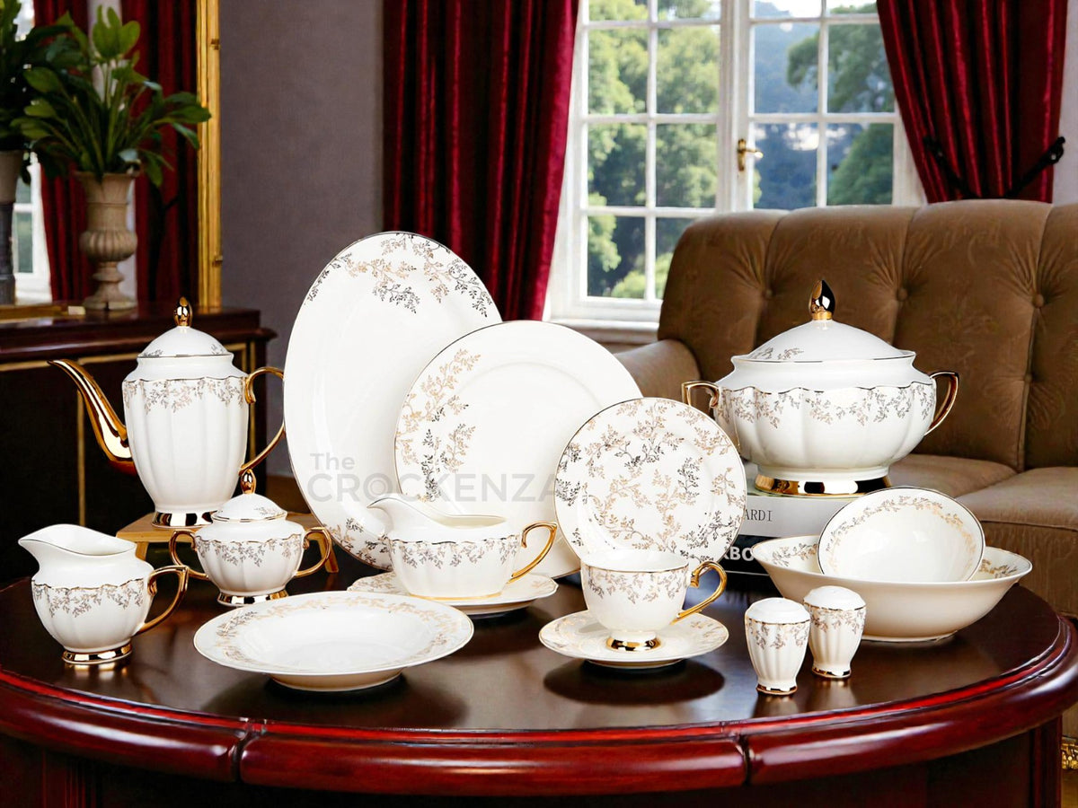 Royal Gold-Vine Full Dinner Service — 65 & 89 Pcs Bone China Set | Elegant Johnson Bros Styling