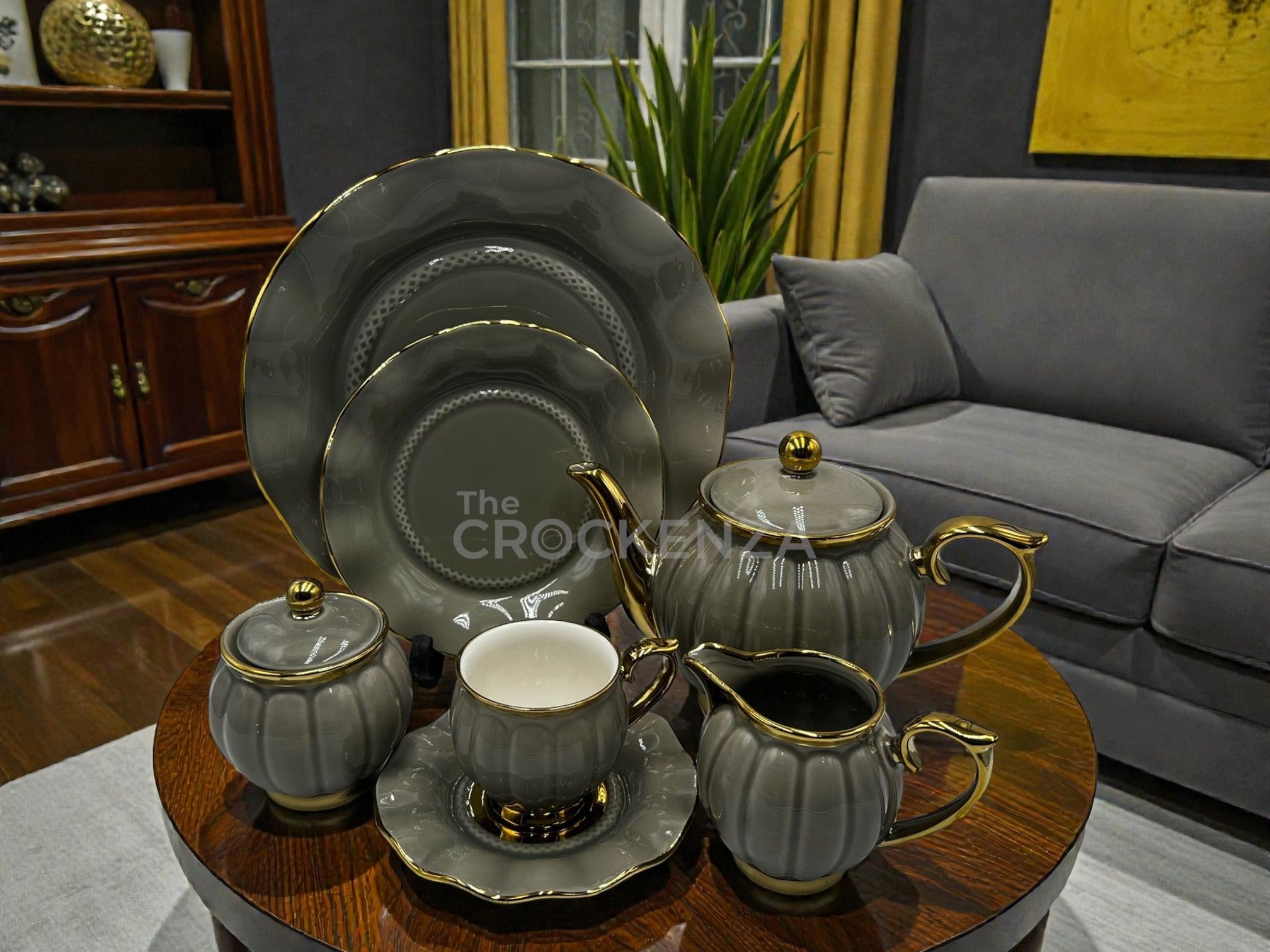 Imported Luxury Gold-Rimmed Grey 24-Piece Tea Set – Elegant Pearl Fini ...