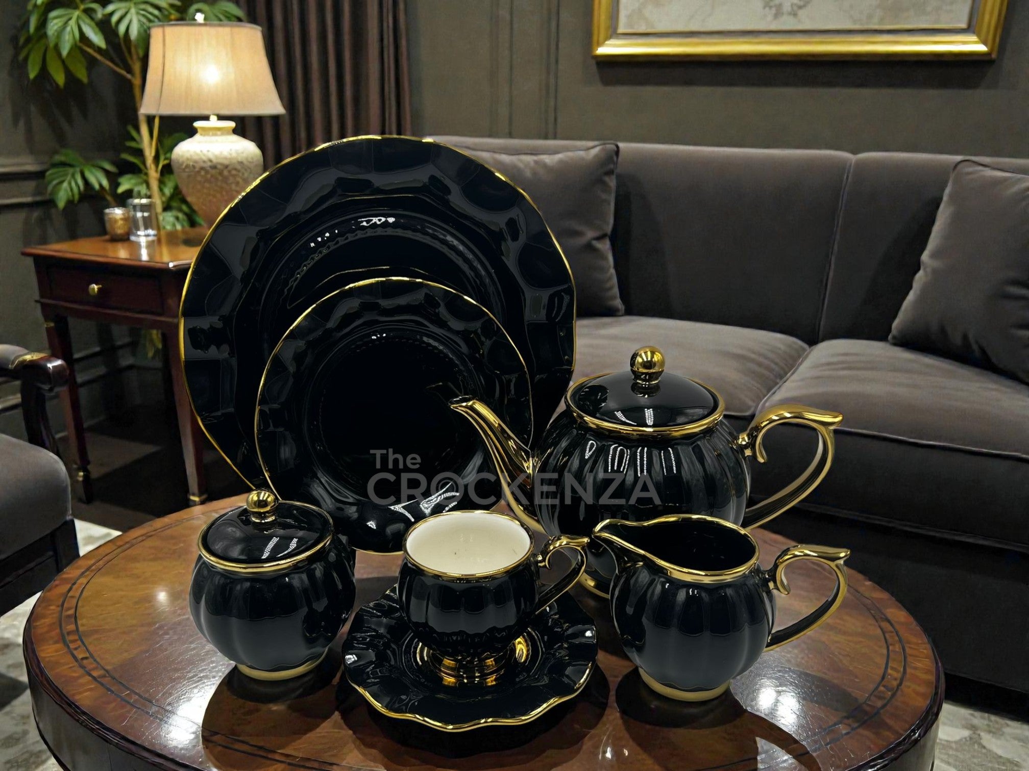 Imported Luxury Gold-Rimmed Black 24-Piece Tea Set – Elegant Pearl Fin ...