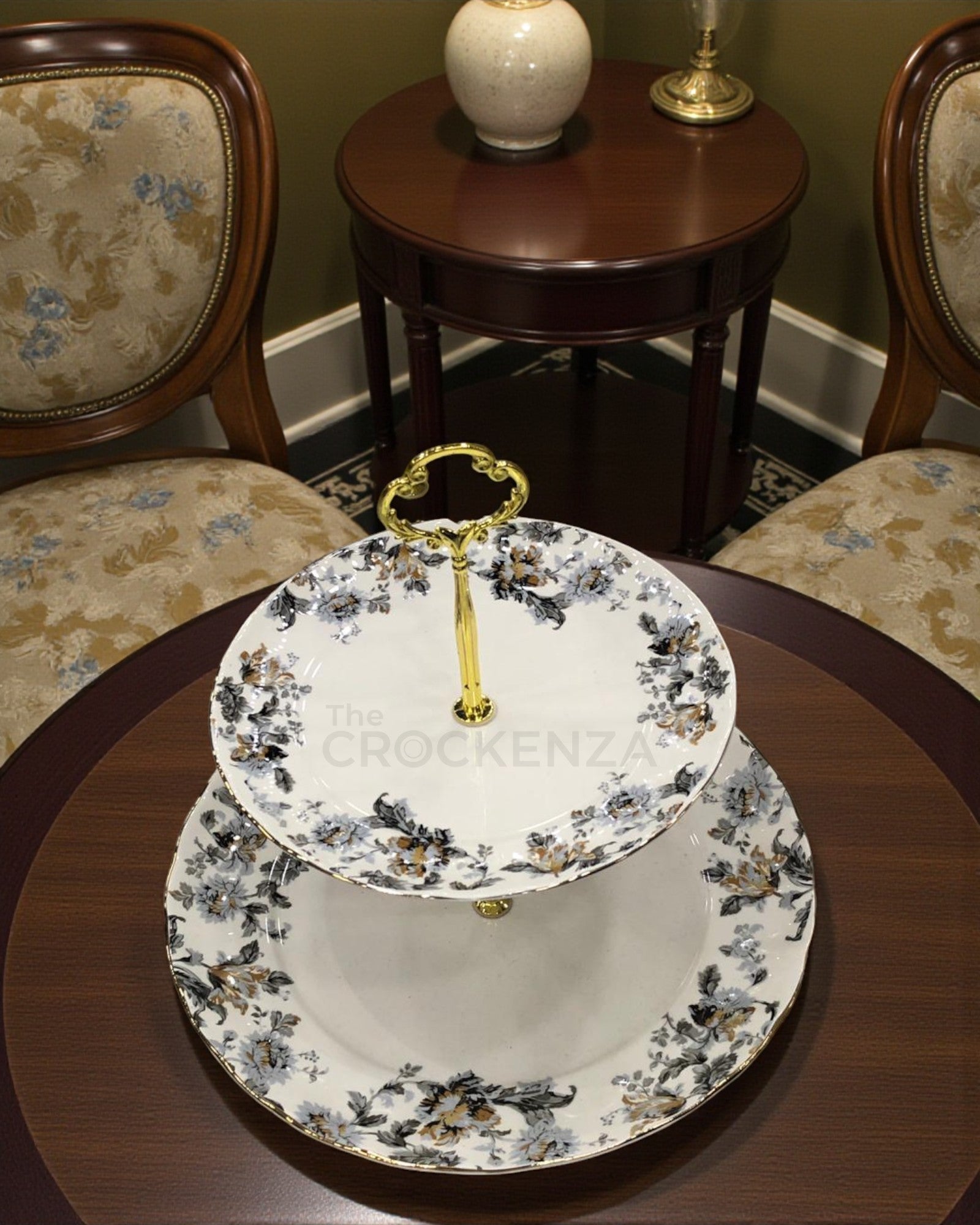 Royal Albert-Inspired 2-Tier Bone China Pastry Stand – Elegant Floral Design with Gold Handle