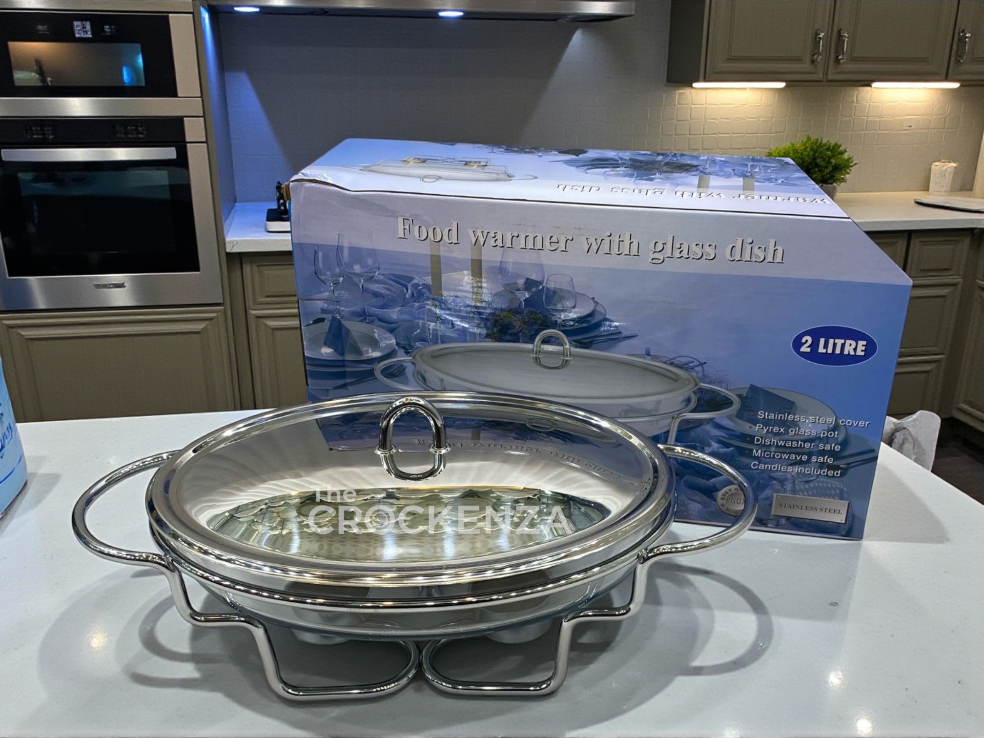 Oval Chafing Dish – Heat-Resistant 2Litre Glass Buffet Server with Mirror-Finish Stainless Steel Lid