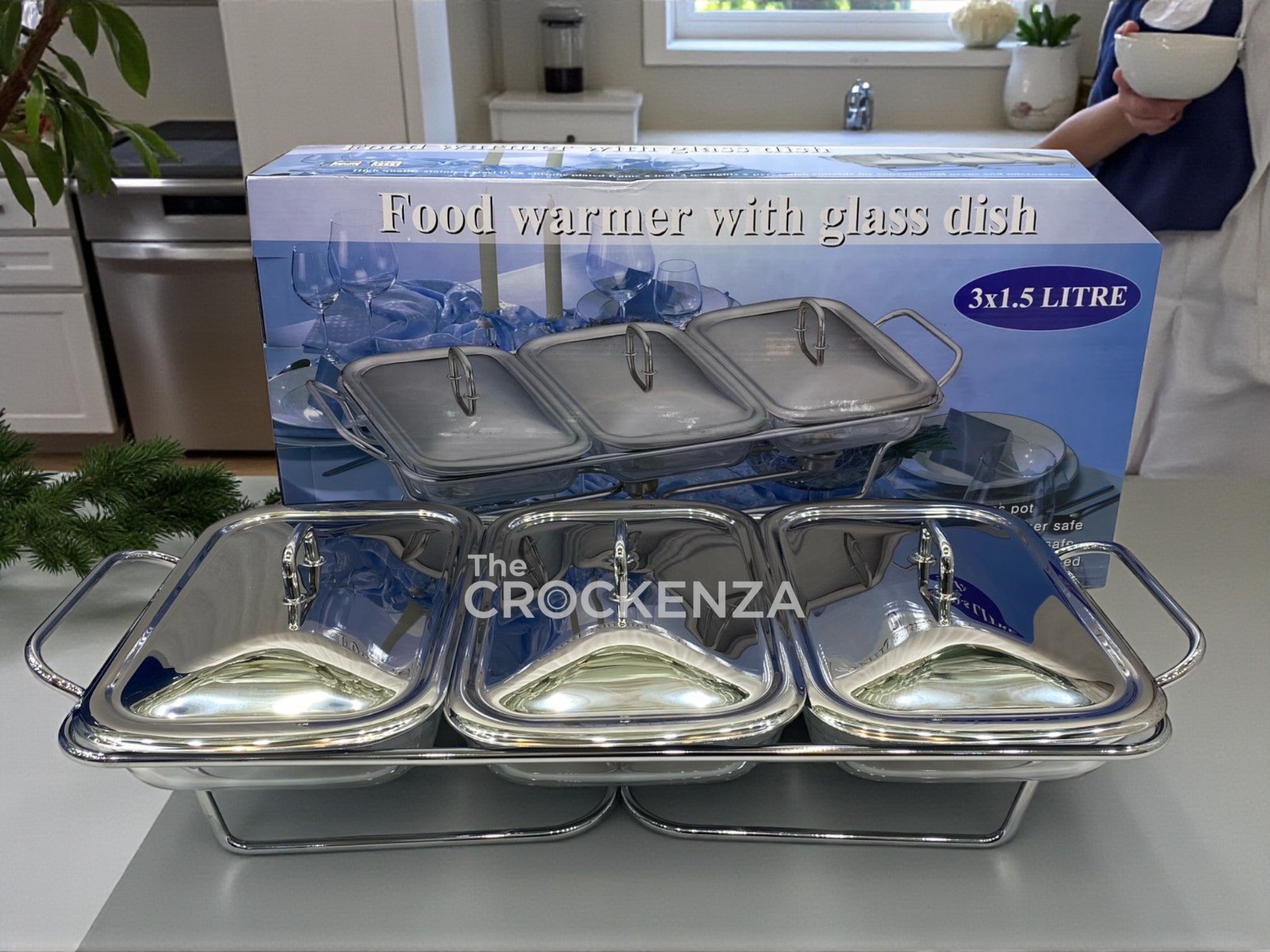 Luxury Rectangular 3-in-1 Glass Chafing Dish Set – 3 × 1.5L Heat-Resistant Serving Warmers with Stainless Steel Stand