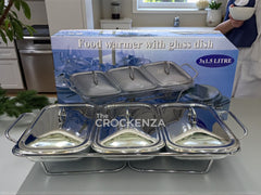 Luxury Rectangular 3-in-1 Glass Chafing Dish Set – 3 × 1.5L Heat-Resistant Serving Warmers with Stainless Steel Stand