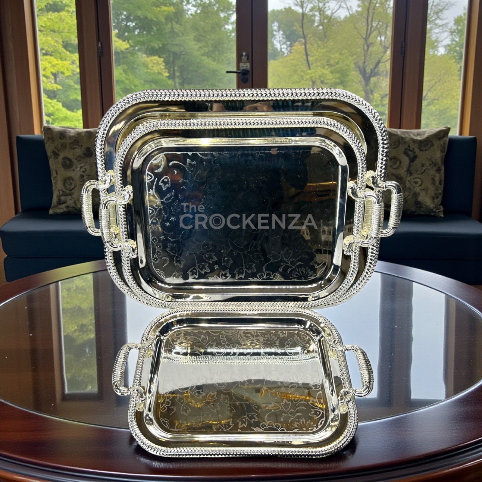 Luxury Silver Metal Serving Tray Set with Handles (3 Pcs) | Decorative Mirror Finish Trays G-06