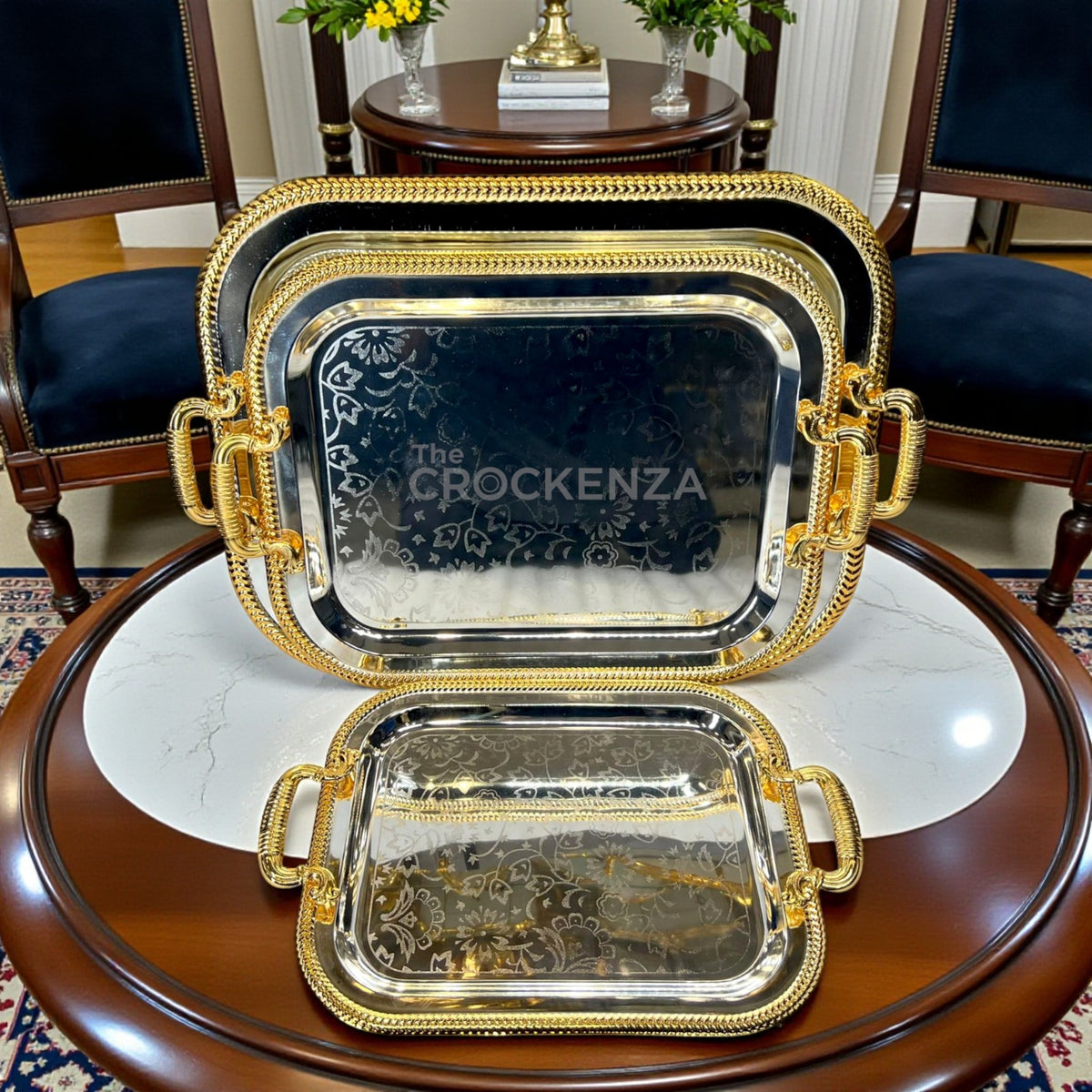 Luxury Gold & Silver Metal Serving Tray Set – 3 Pcs Elegant Decorative Trays G-05