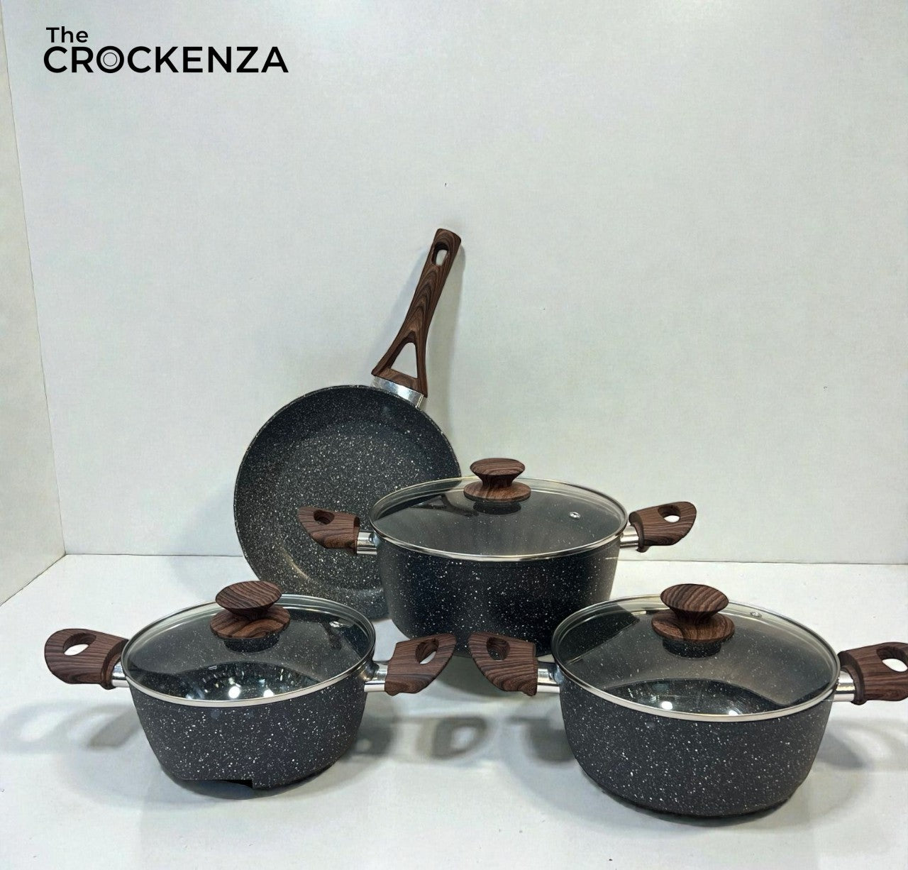 Imported 07 Pcs Granite Non-Stick Cookware Set -Glass Lids with Wood-Finish Handles