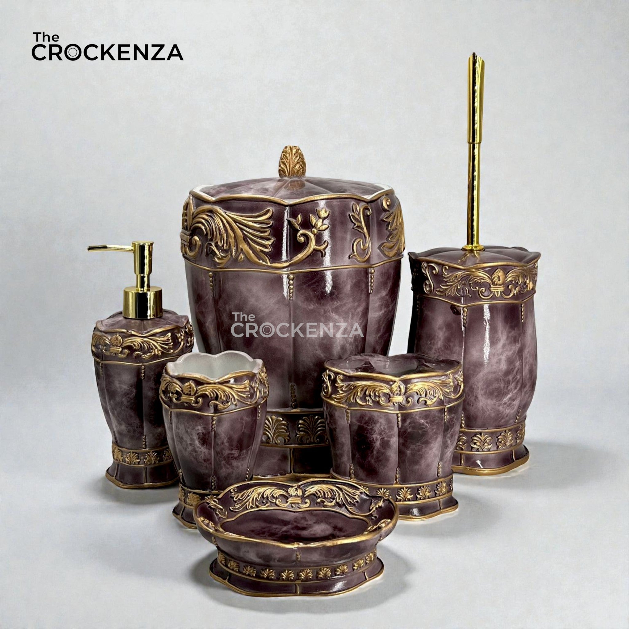 The Sovereign Amethyst Ensemble: 6-Piece Hand-Finished Marbled Resin Suite with Ornate Gilded Filigree