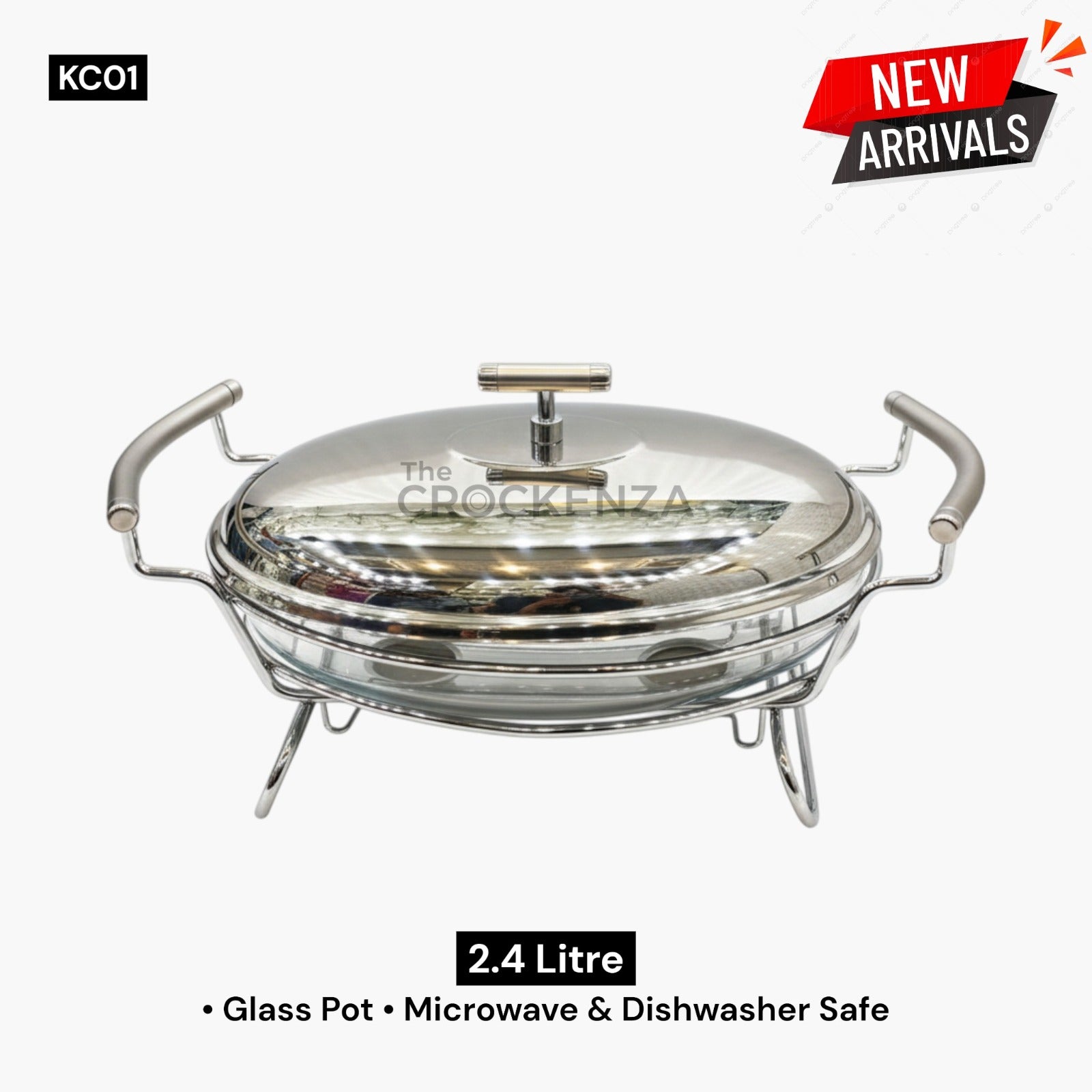 Luxury Glass Food Warmer & Chafing Dish with Stainless Steel Lid 2.4L - Microwave & Dishwasher Safe