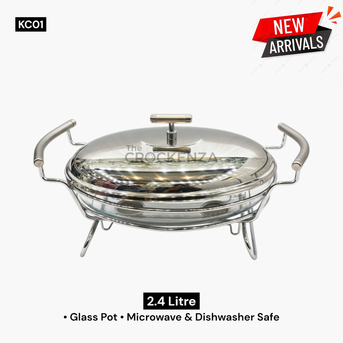 Luxury Glass Food Warmer & Chafing Dish with Stainless Steel Lid 2.4L - Microwave & Dishwasher Safe