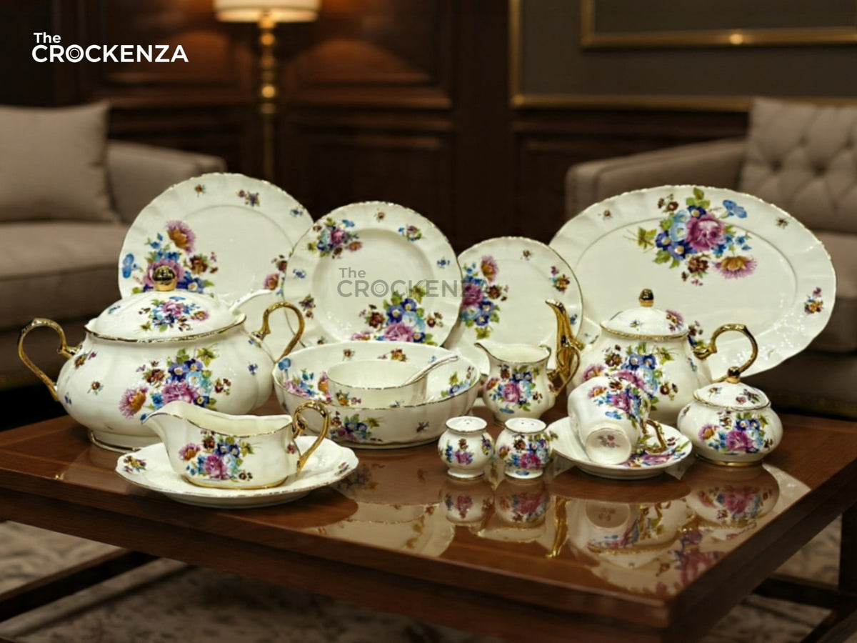 Royal Albert-Style 8-Person Vintage Floral Bone China Dinner Set