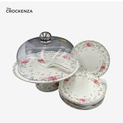 Royal Albert–Inspired 9-Pcs Bone China Cake Set | Floral Elegance with Dome