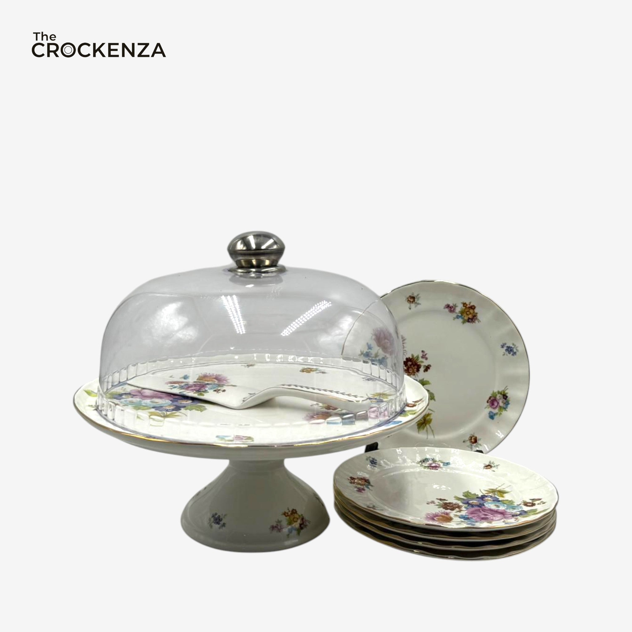 Royal Albert–Inspired 9-Pcs Bone China Cake Set | Floral Elegance with Dome