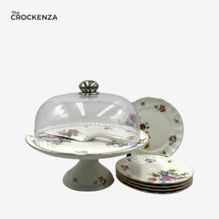 Royal Albert–Inspired 9-Pcs Bone China Cake Set | Floral Elegance with Dome