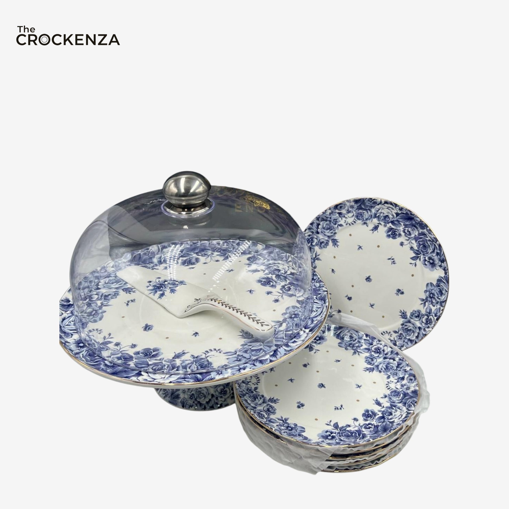 Royal Albert–Inspired 9-Pcs Bone China Cake Set | Floral Elegance with Dome