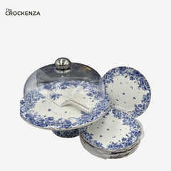 Royal Albert–Inspired 9-Pcs Bone China Cake Set | Floral Elegance with Dome