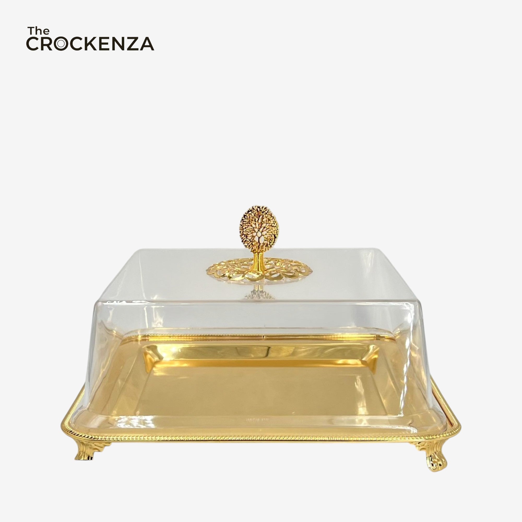 Sovereign Gold-Finished Square Platter | High-Clarity Acrylic Display Cloche - 12.6" inches