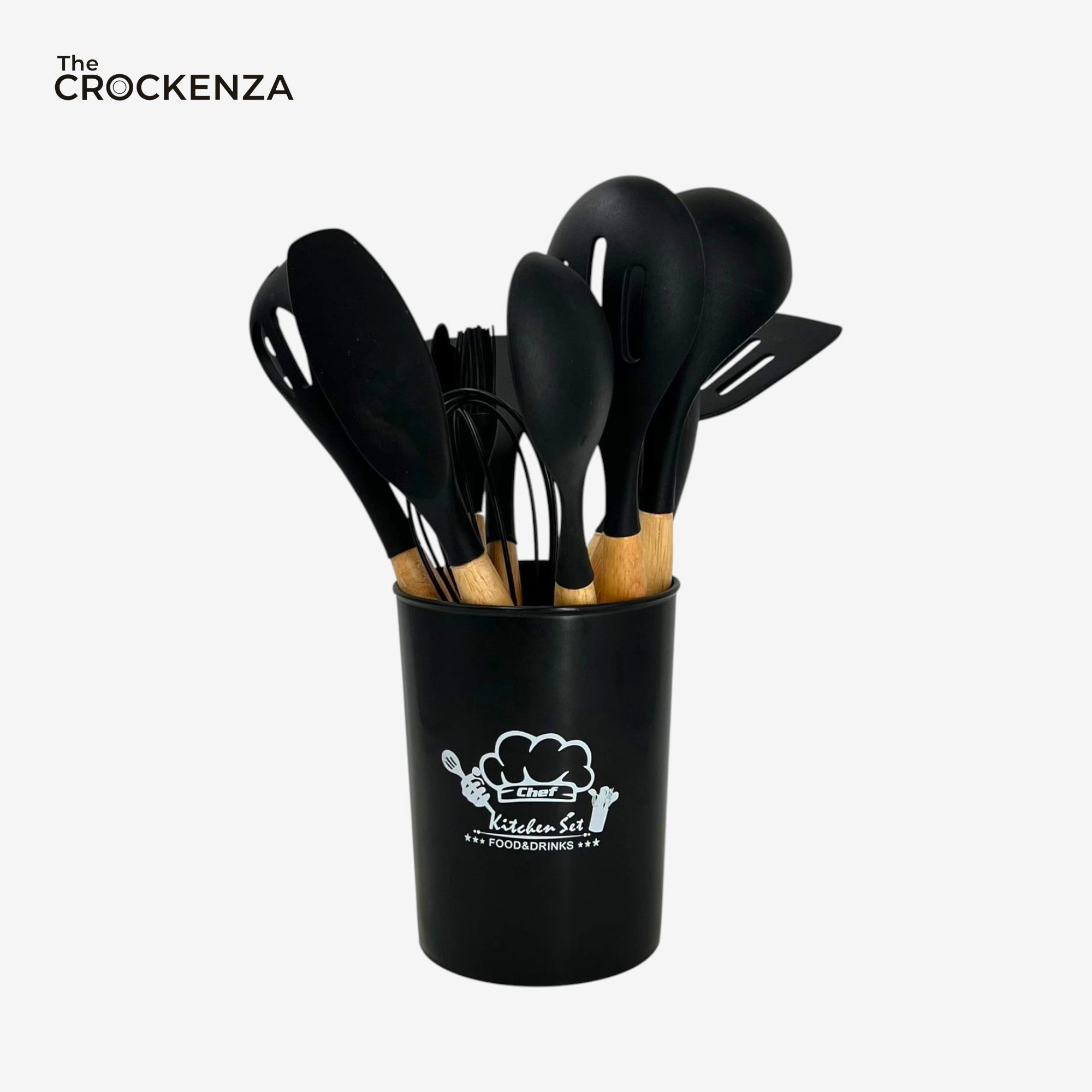 Premium Silicone Cooking Spoon Set with Wooden Handles & Holder | Heat-Resistant Non-Stick Kitchen Utensils
