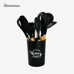 Premium Silicone Cooking Spoon Set with Wooden Handles & Holder | Heat-Resistant Non-Stick Kitchen Utensils