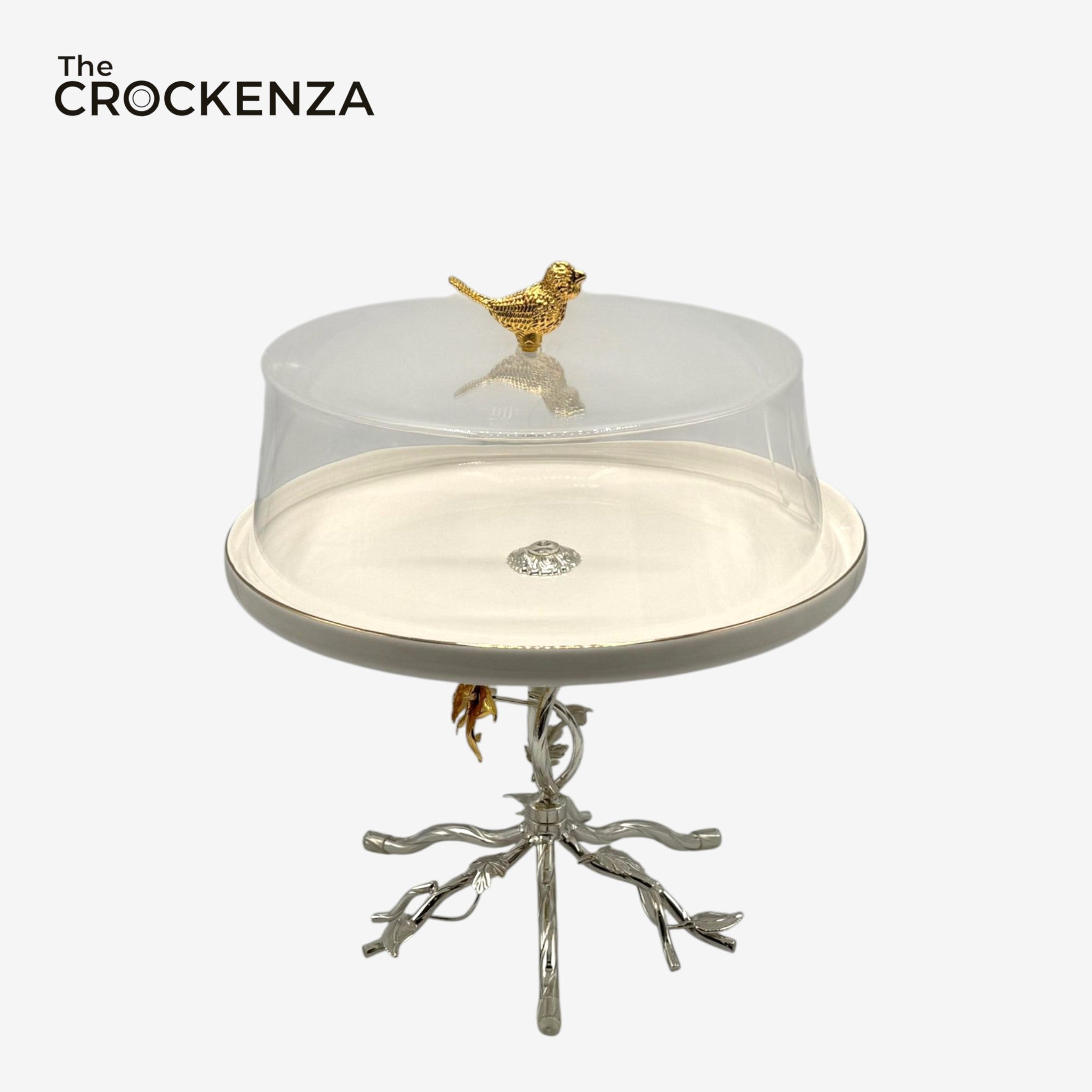 Luxury Acrylic Dome Cake Stand with Gold Bird Handle | Elegant Dessert Display Tray