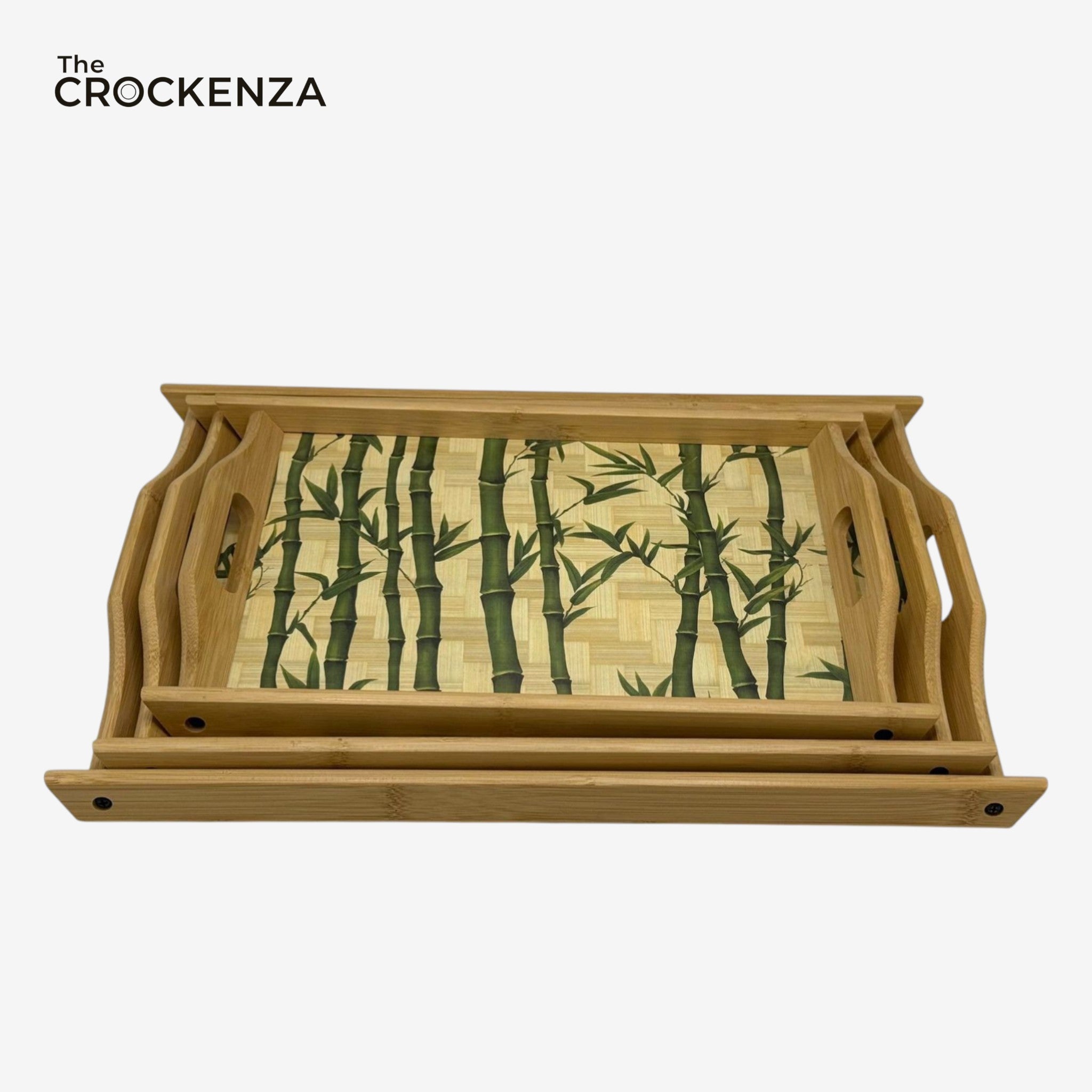 The Crockenza Zen Bamboo Serving Tray Set – 3-Piece Eco-Friendly Nesting Trays with Decorative Bamboo Stalk Print