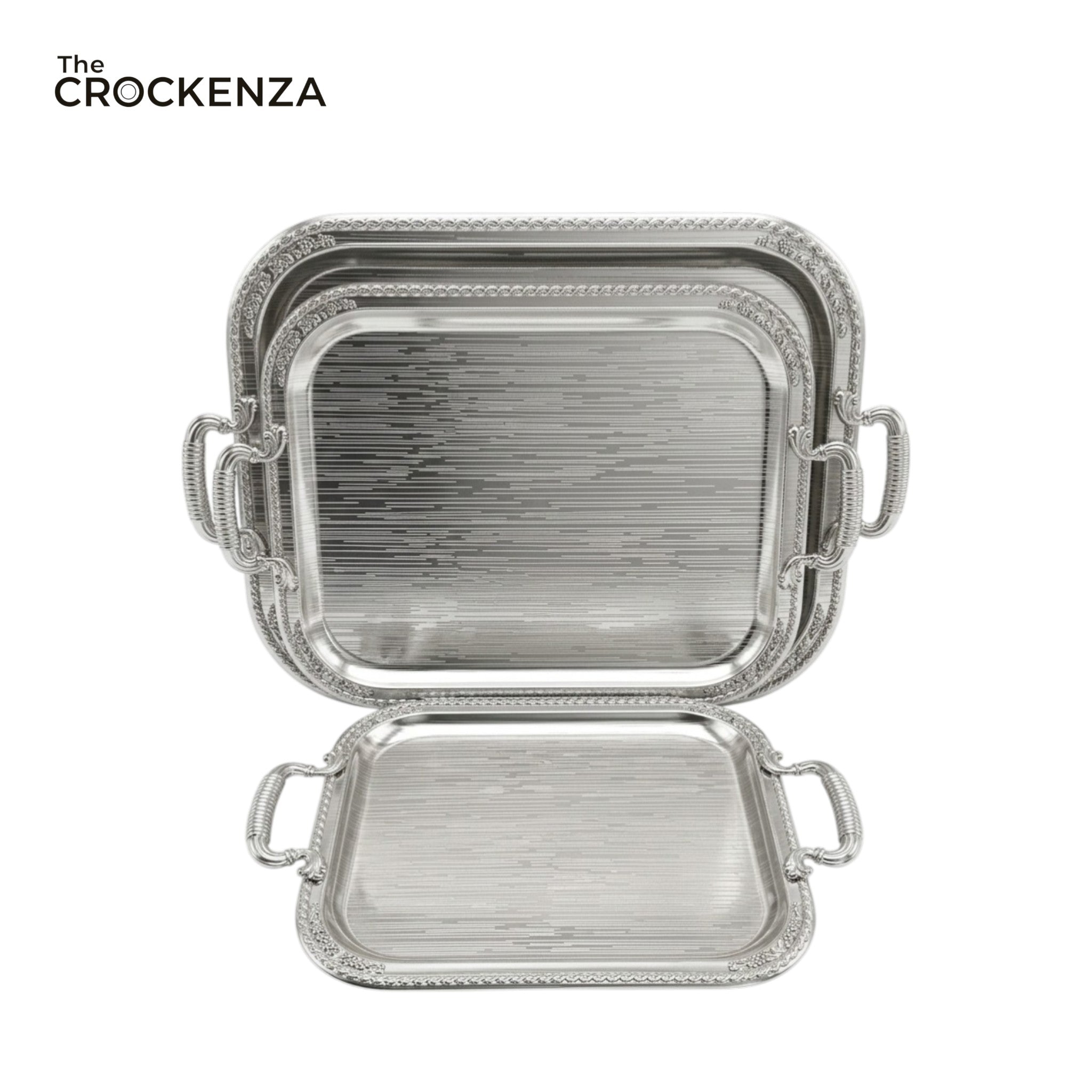 Luxury 3 Pcs Stainless Steel Serving Tray Set – Mirror Polish Finish with Silver Handles