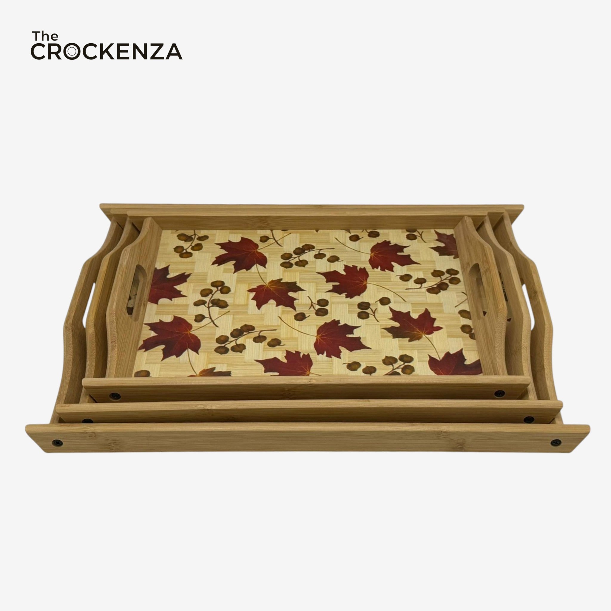 Autumn Leaf Bamboo Tray Set – 3-Piece Serving Trays with Decorative Maple Pattern