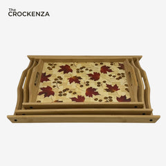Autumn Leaf Bamboo Tray Set – 3-Piece Serving Trays with Decorative Maple Pattern